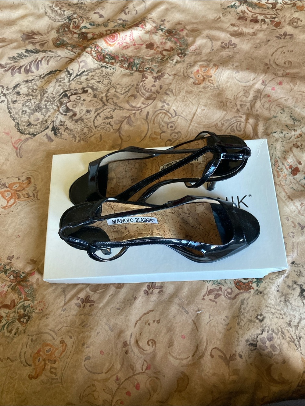 Manolo Blahnik Black Patent Slingback Peep-Toe Pumps - Picture 3 of 6